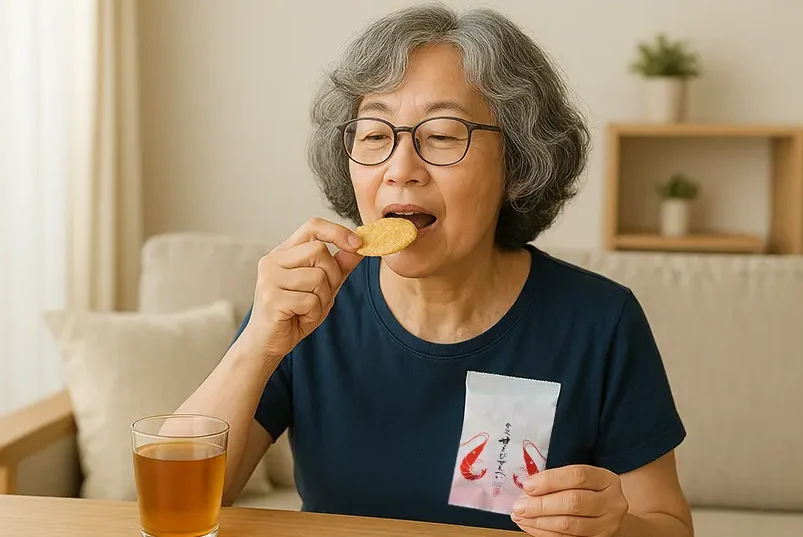 甘えびせんべいを食べている女性