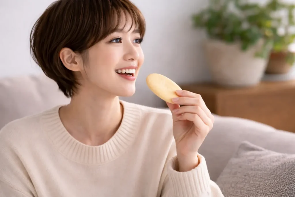 しば舟を食べている女性