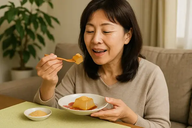 わらびもちを食べる女性